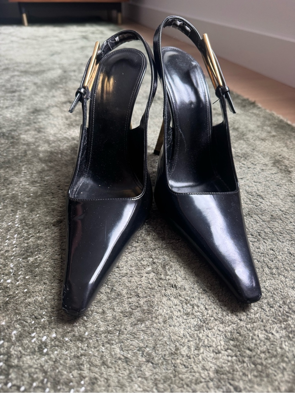 Saint Laurent Black Patent Slingback Pumps with Gold-Tone Heel - Picture 2 of 6